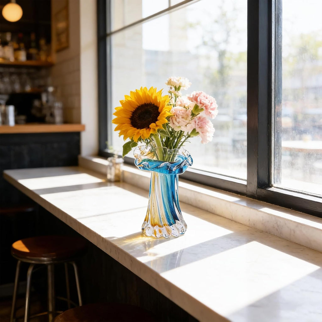 Hand Blown Blue & Yellow Sunset Coast Jellyfish-Shaped Glass Vase, Mini Ocean-Themed Art Sculpture Vase Centerpiece