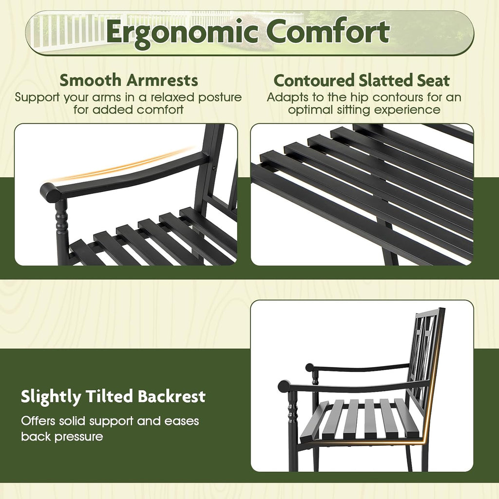 Metal Outdoor Bench with Backrest, Curved Armrests, Non-Slip Foot Pads, Slatted Seat for 2-3 Persons, Load 660lbs