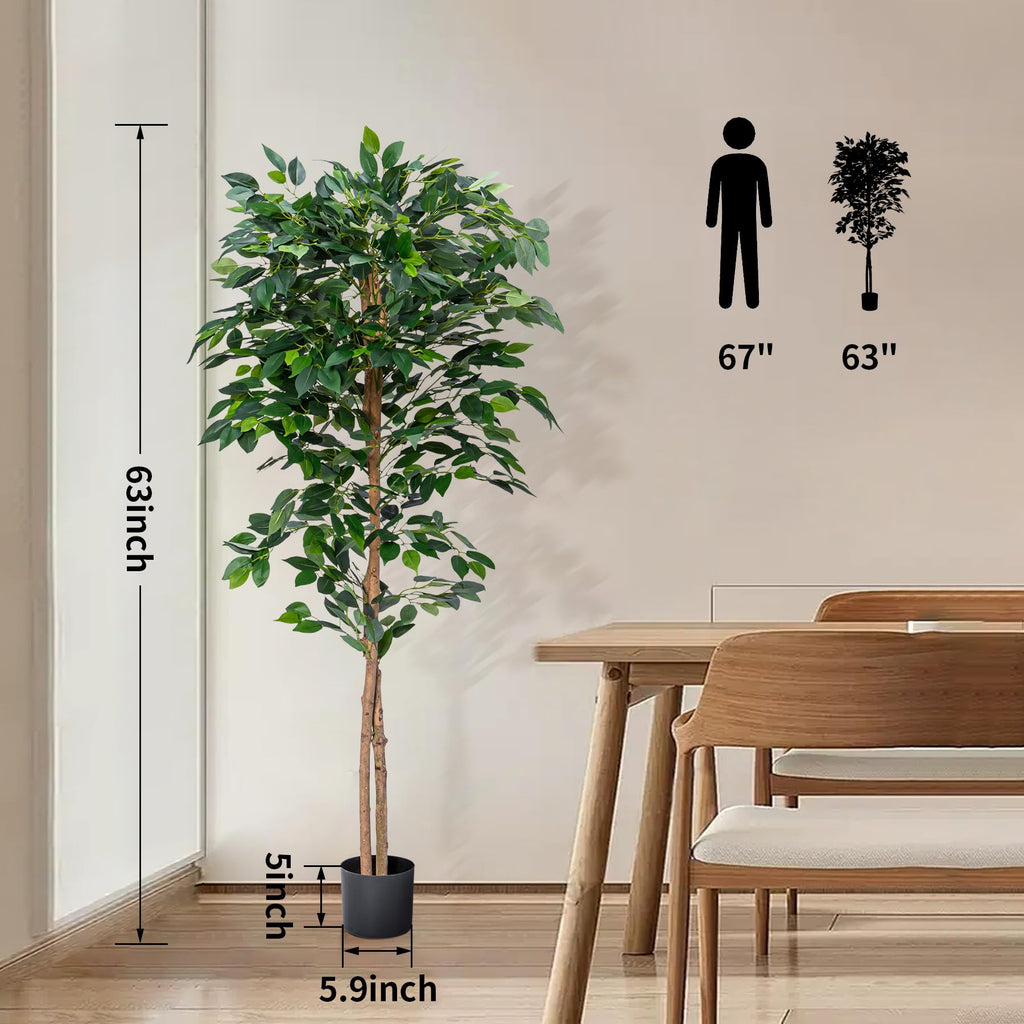 2Packs 5FT Artificial Ficus Trees with Realistic Leaves and Natural Trunk, Faux Ficus Tree with Sturdy Plastic