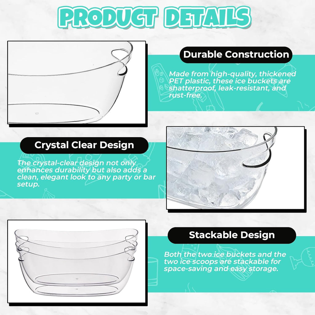 Ice Buckets 2-Pack, 5L Large Clear Acrylic Beverage Tubs with Scoops - Set of 2