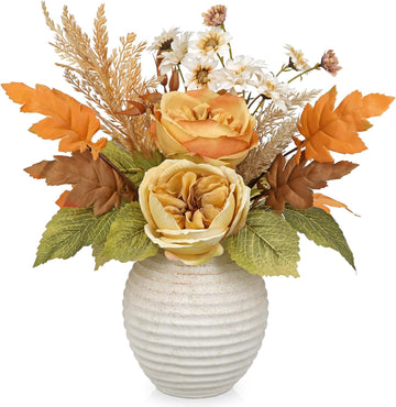 Artificial Fall Floral Centerpiece with Vase, Fake Flowers for Autumn Table Decorations, Silk Rose & Maple Leaves