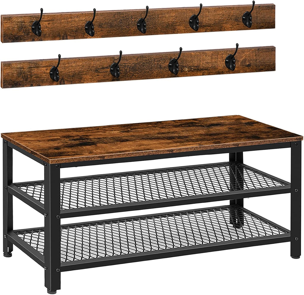 Hall Tree Entryway Storage Bench, Coat Rack Shoe Bench, Shoe Rack Organizer with Coat Hooks, 3-in-1 Design, Wooden