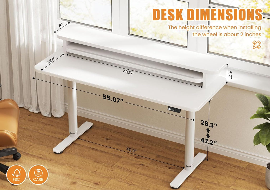 Electric Standing Desk with Dual Monitor Stand, Height Adjustable Desk Sit Stand Desk with Memory Controller, Casters