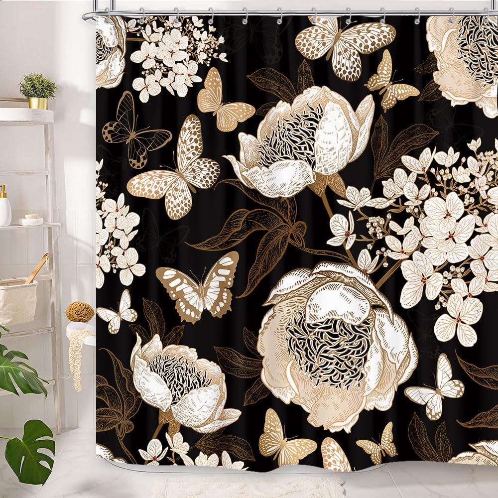 Black and Gold Floral Butterfly Shower Curtain, Boho Dark Flowers Botanical Aesthetic Shower Curtain with Hook