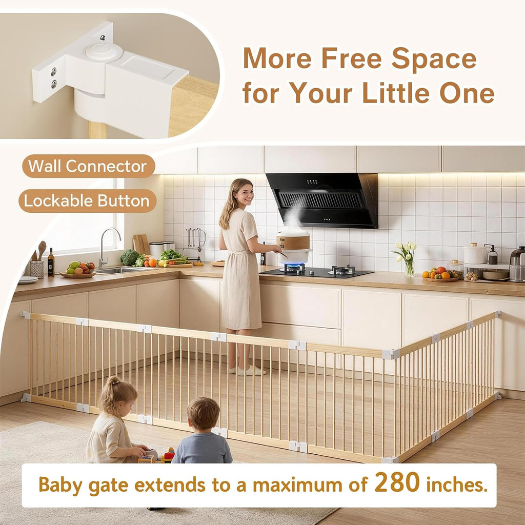 Baby Playpen, Wooden Play Yard with Gate, Playpen for Babies and Toddlers, Baby Activity Center with Child-Proof