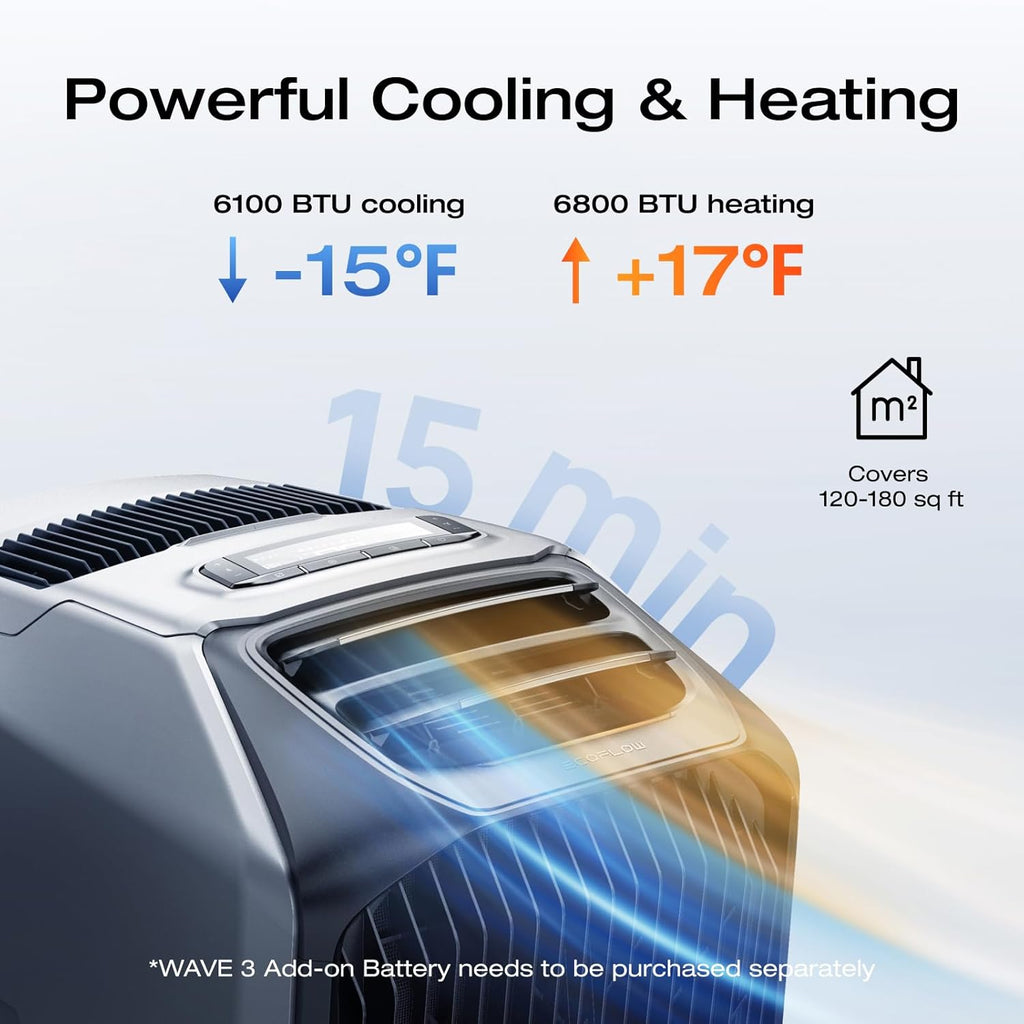 WAVE 3 Portable Air Conditioner, 1800W/6100 BTU Cooling and 2000W/6800 BTU Heating, 1000W Fast Charging in 75 mins
