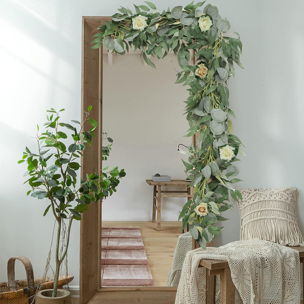 Artificial Eucalyptus Garland with Willow Leaves Each 6.5 Feet Faux Greenery Garland for Wedding Arch Mirror - Set of 6