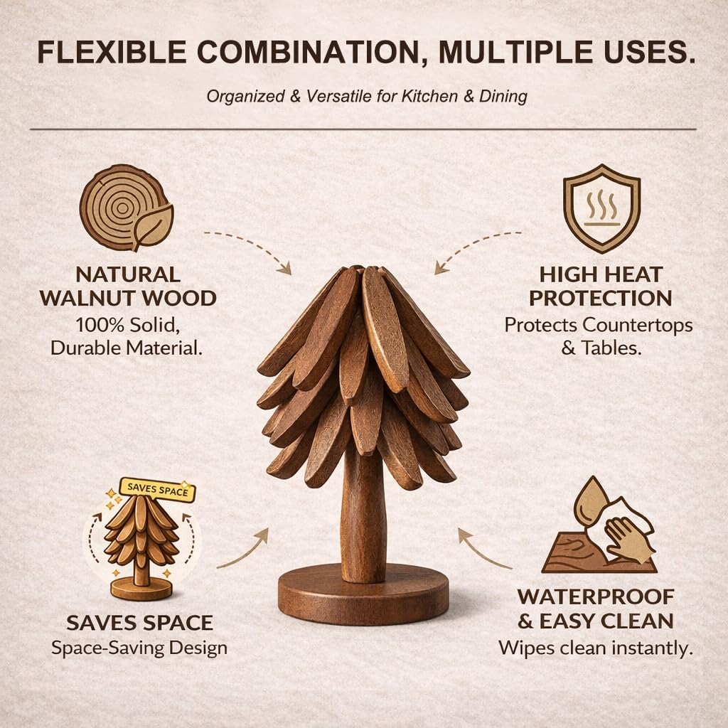 Wooden Trivets for Hot Dishes, Foldable Tree Trivet Set with Stand, 4-Layer Walnut Wood Trivet for Pots, Pans, Coffee - Set of 4