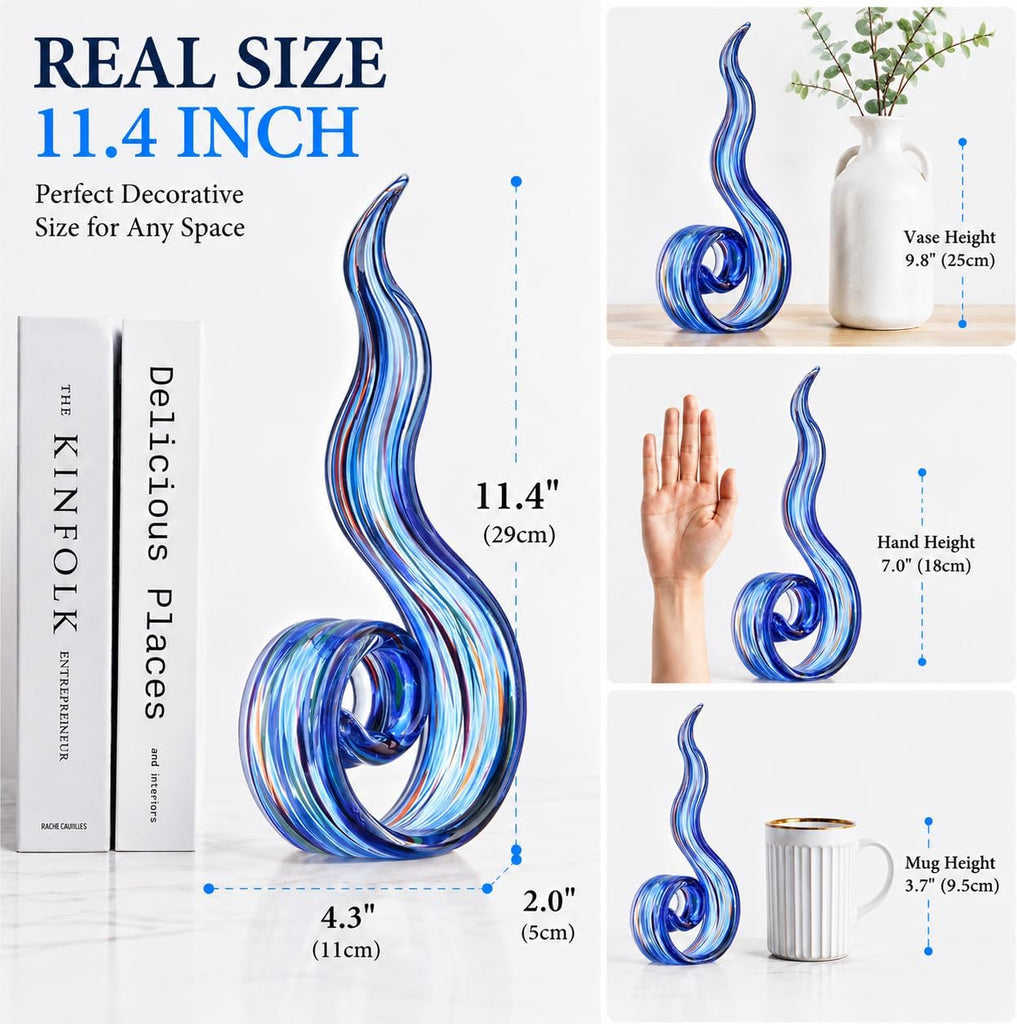 11.4" Tall Hand Blown Glass Sculpture, Murano Style Art , Modern Coastal Home Decor Accent for Shelf