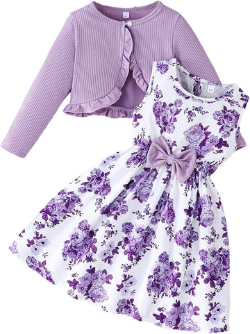 Girls Spring Dresses with Cardigan 2Pcs Floral Butterfly Dresses Long Sleeve Ruffle Coat for Girls