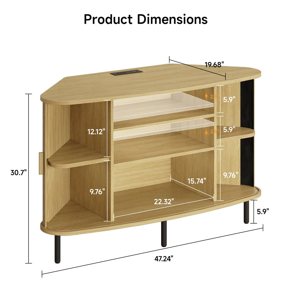 47" Corner TV Stand, Fluted TV Cabinet for 55 Inch TVs, Oak