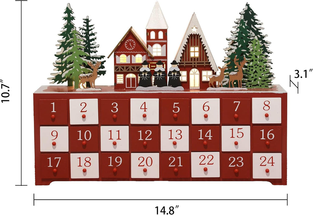 Christmas Wooden Advent Calendar with LED Lights, 24 Drawers Countdown to Christmas Festive Church Scene