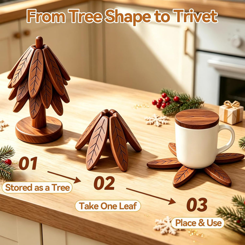 Wooden Trivets for Hot Dishes, Stackable Christmas Tree Trivet Set - Set of 4