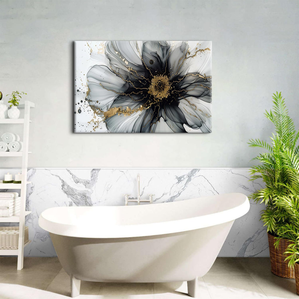 Large Black and White Abstract Wall Art Above Bed Picture, Marble Flower Wall Decor Watercolor Fluid Glitter Texture