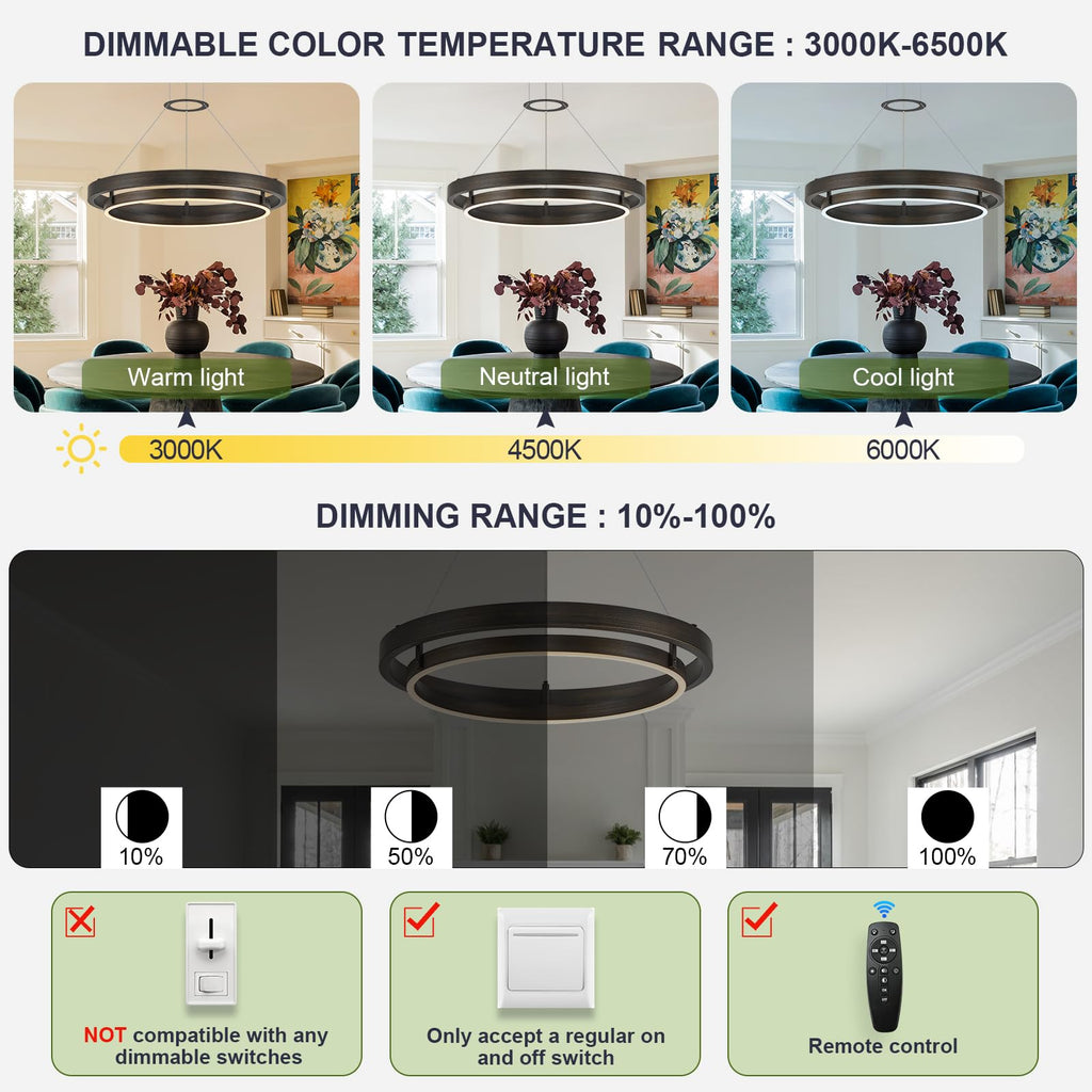 LED Ring Chandelier Vintage Brown Dimmable Circular LED Pendant Light