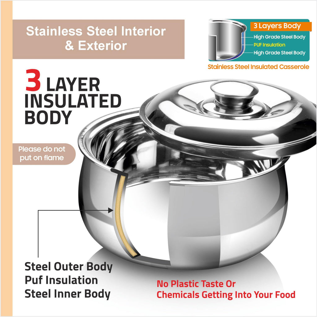 Large Insulated Casserole Dish with Lid 1500ml. Stainless steel Hot Pot Food Warmer/Cooler -Thermal Soup/Salad