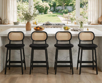 Rattan Counter Height Bar Stools Set of 4 Upholstered Sherpa Barstools with Cane Back Boho Wood Farmhouse Kitchen