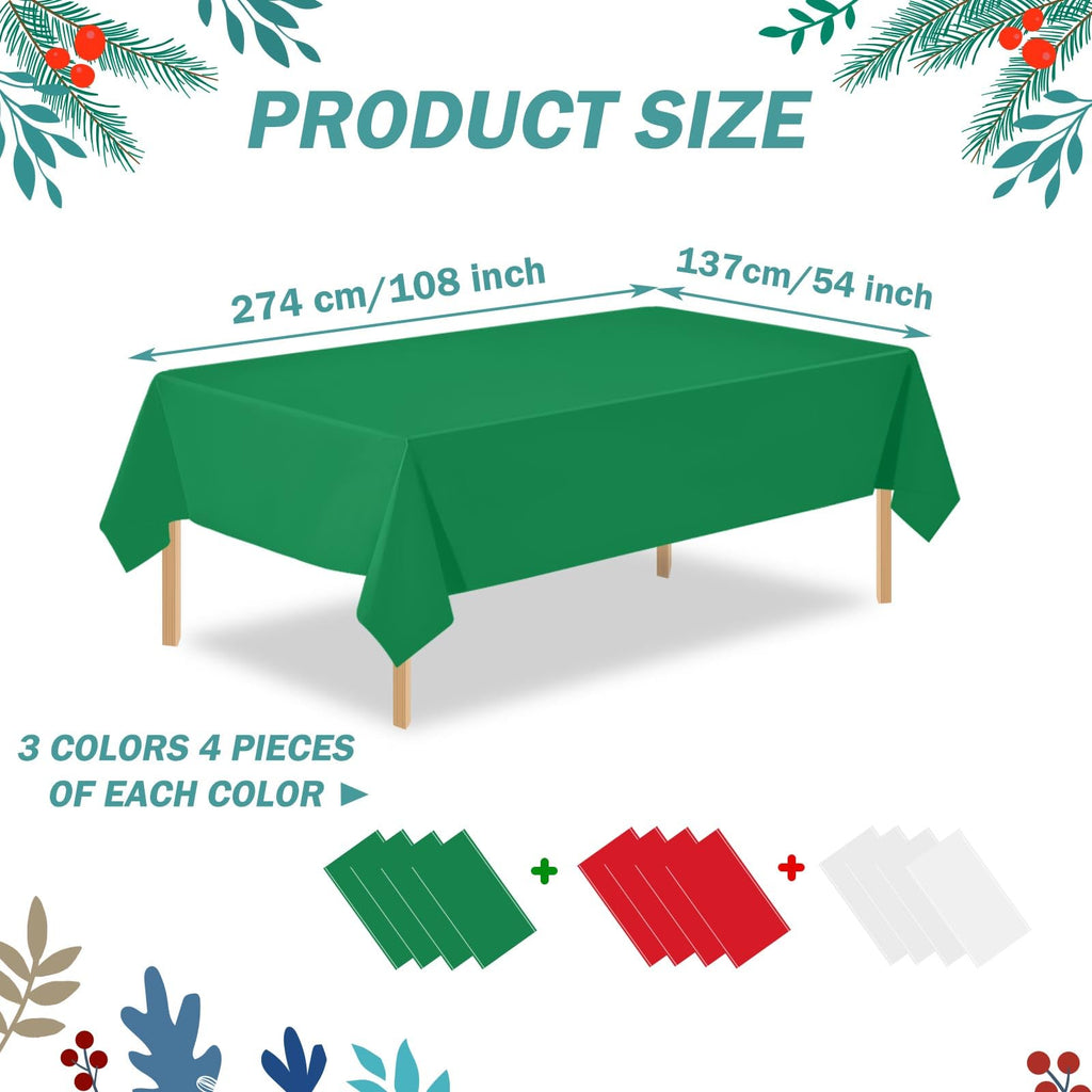 12 Pcs Red White Green Table Cloths, Christmas Plastic Tablecloths