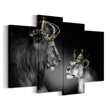 Large 4 Panel Wall Decor The Lion King and Queen with Crown Wall Art African Wild Animals Canvas Prints Pictures