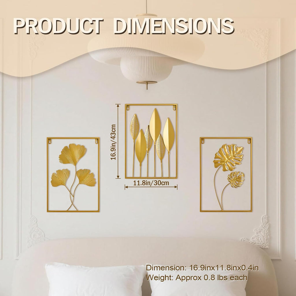 Metal Wall Art 3D Minimalist Tree Leaf Wall Sculpture Decor, Gold Framed Wall Art Bedroom Dining Room Office - Set of 3