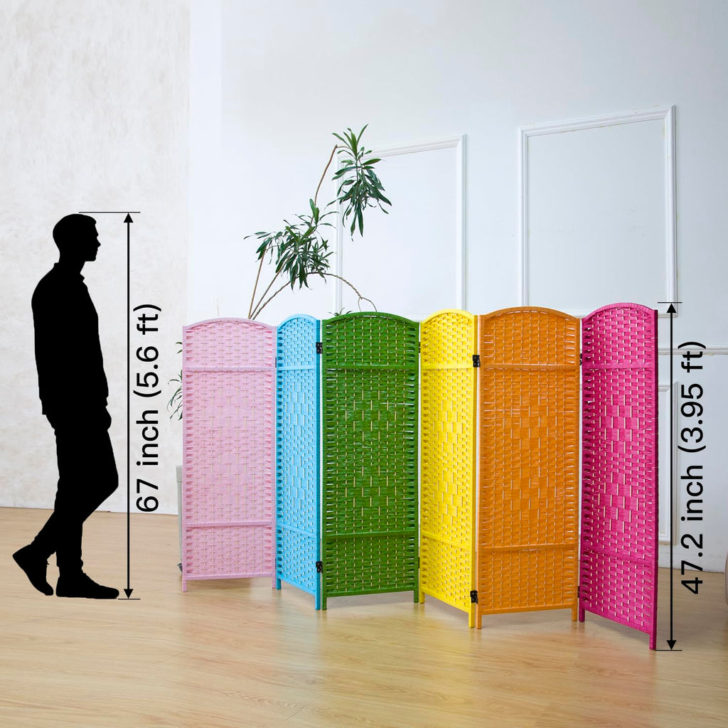 6 Panel Rattan Divider Short Room Partition Screen, Double Sided Folding Divider for Room Separation, Colorful, 47.2" H