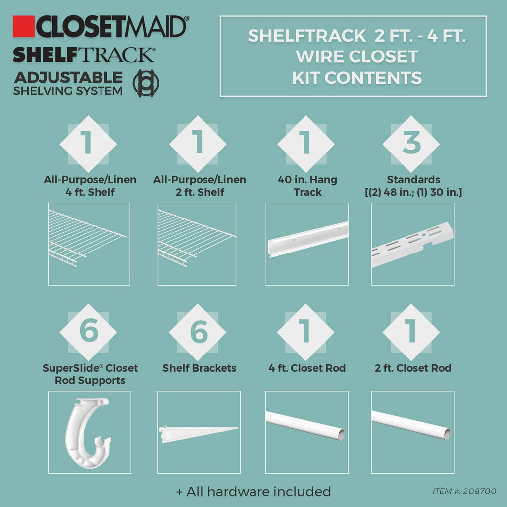 ShelfTrack Wire Closet Organizer System, Adjustable from 2 to 4 Ft., With Shelves, Clothes Rods, Hardware, Durable