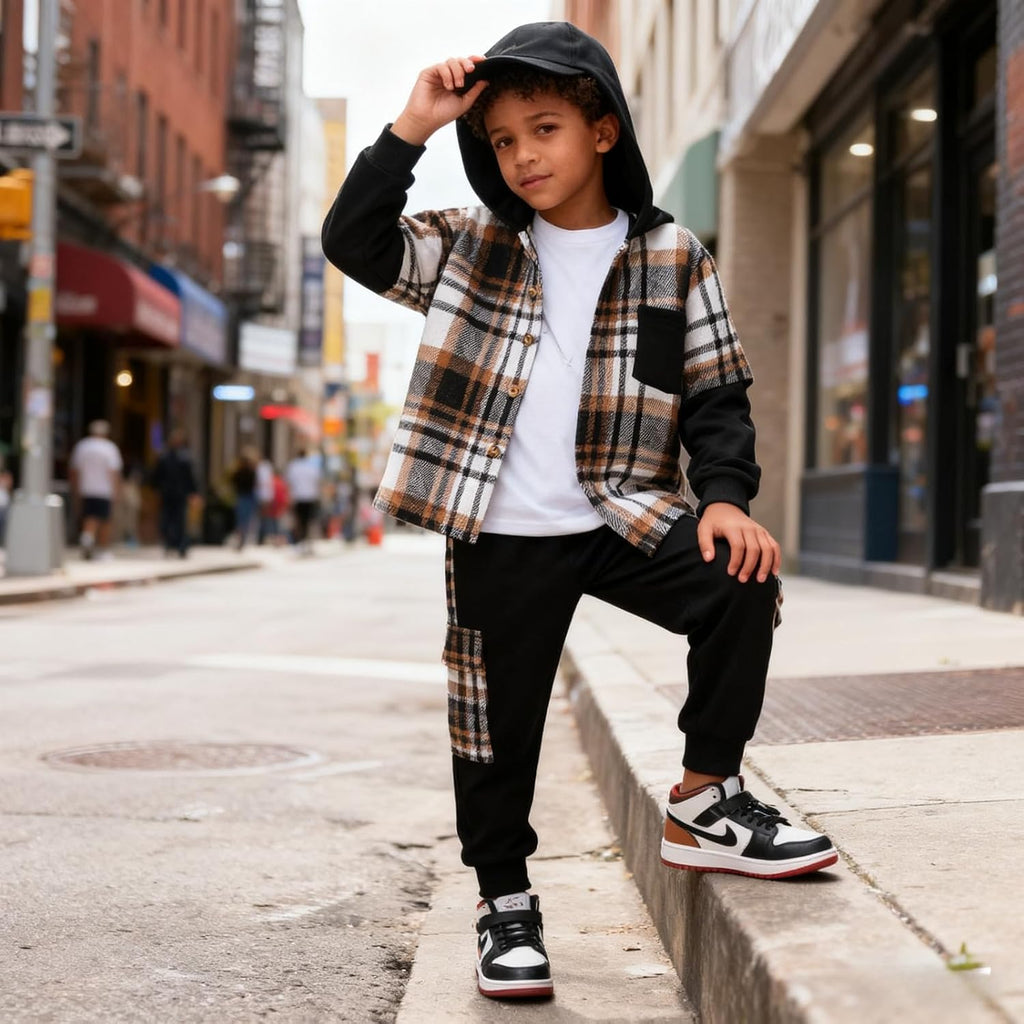 Boys Clothes Flannel Plaid Shirt Hooded Sweatshirt & Pants 3PCS Kids Boys Fall Winter Outfits Sets
