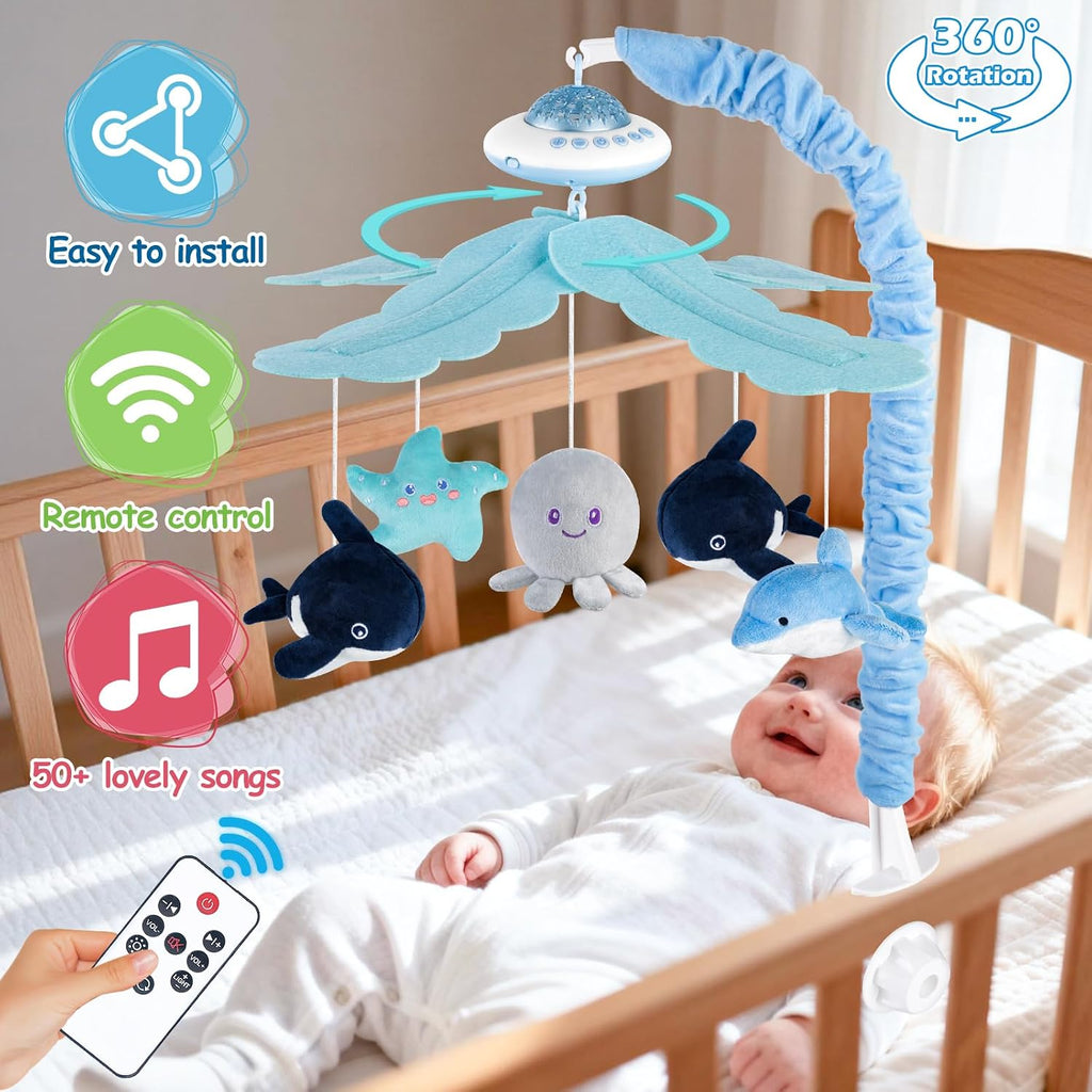 Baby Crib Mobile with Music and Lights, Nursery Baby Mobile for Crib with Remote Control, Rotation, Starlight