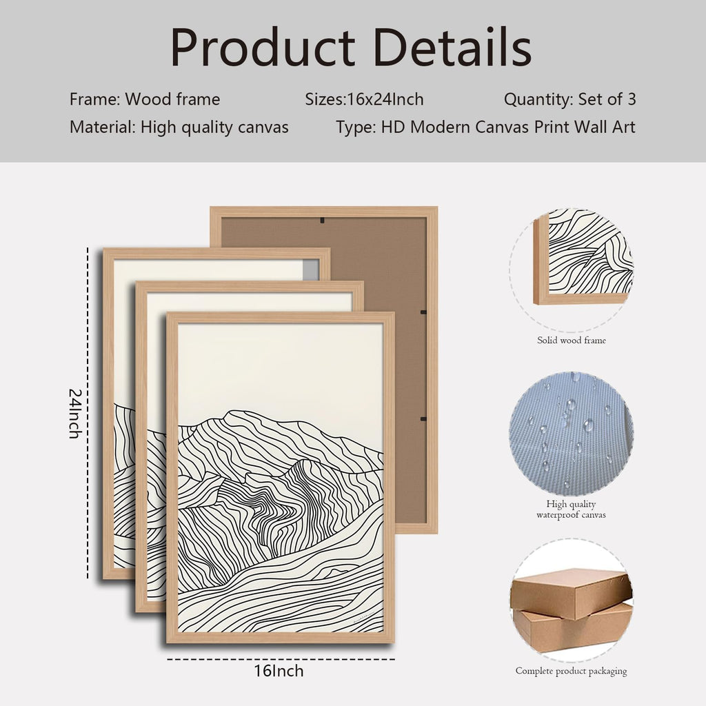 Abstract Wave Line Mountain Framed Canvas Wall Art, Boho Sun Wall Decor