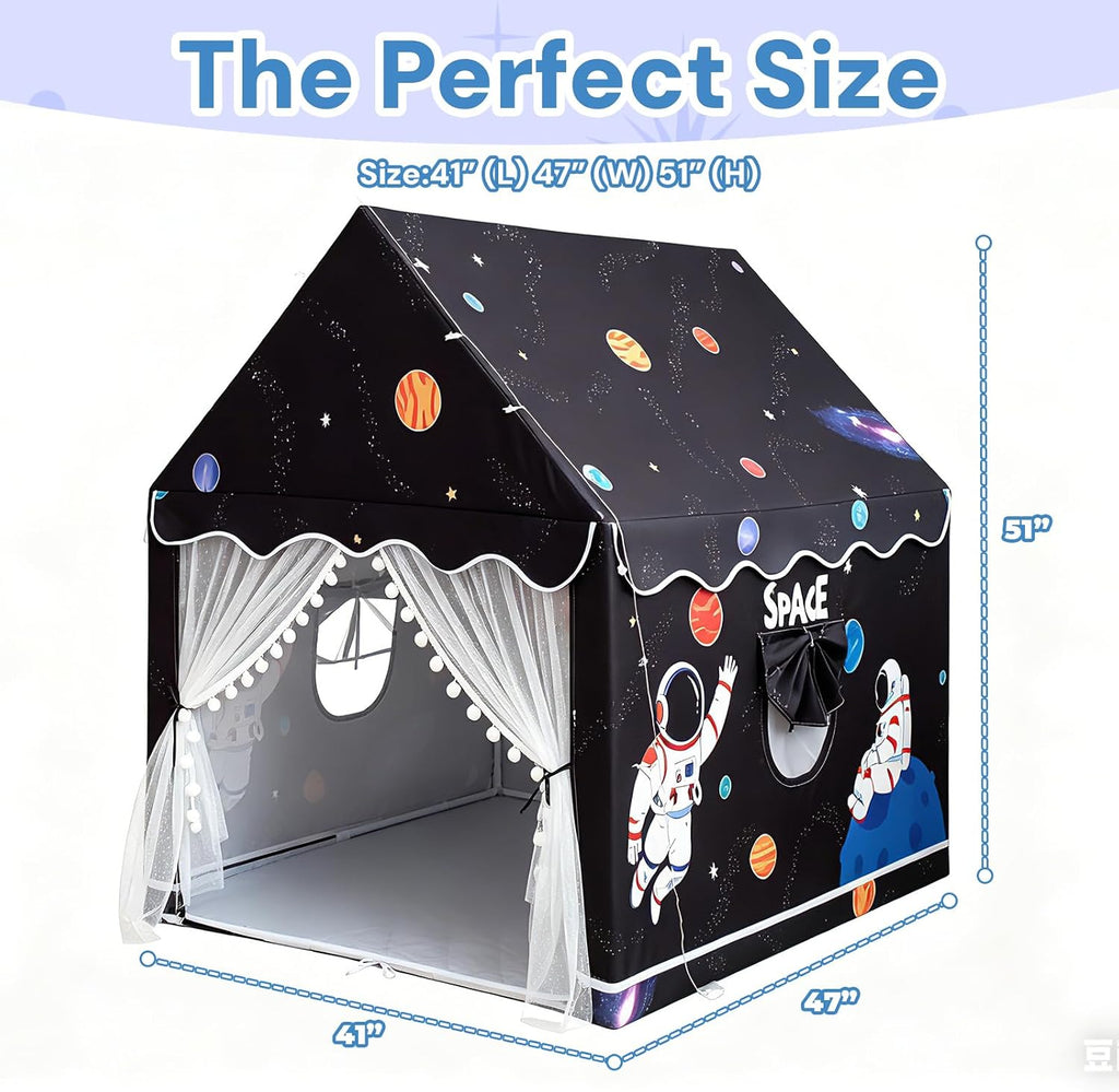 Large Kids Tent Playhouse Padded Mat with Star Lights and Flags, Spaceship Play Tent, Astronaut Rocket Ship Teepee