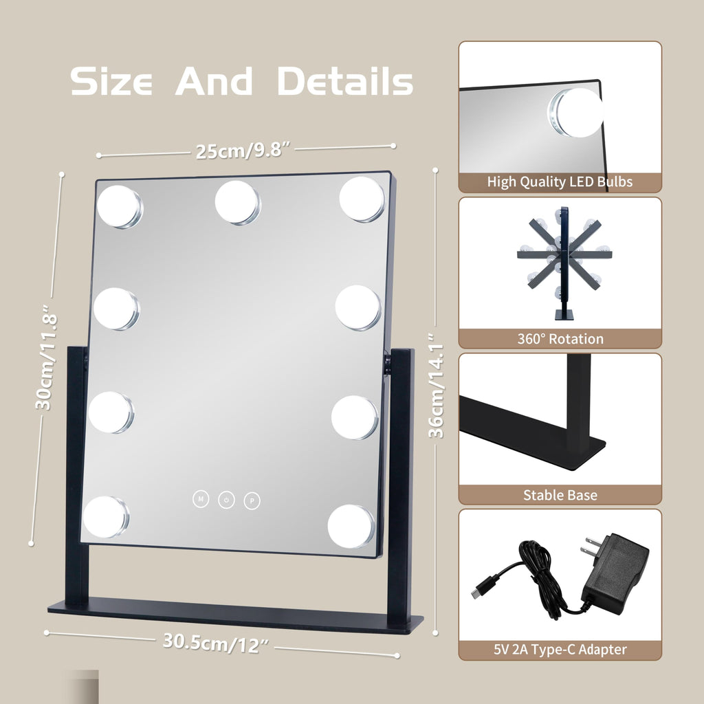 Vanity Mirror with Lights,Makeup Mirror with Lights with 9 Dimmable LED Bulbs, 3 Color Lighting Modes Detachable 10X