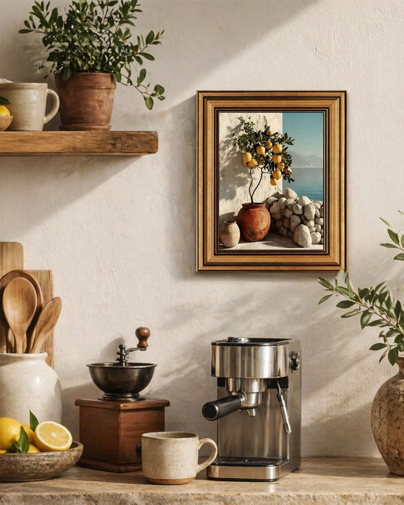Gold Framed Wall Art, Vintage Mediterranean Lemon Tree Canvas Prints, Coastal Summer Picture Wall Decor, Rustic