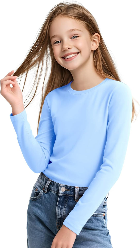 3 Pack Girls Long Sleeve Shirts Soft Cotton Crewneck Plain Kids Tops