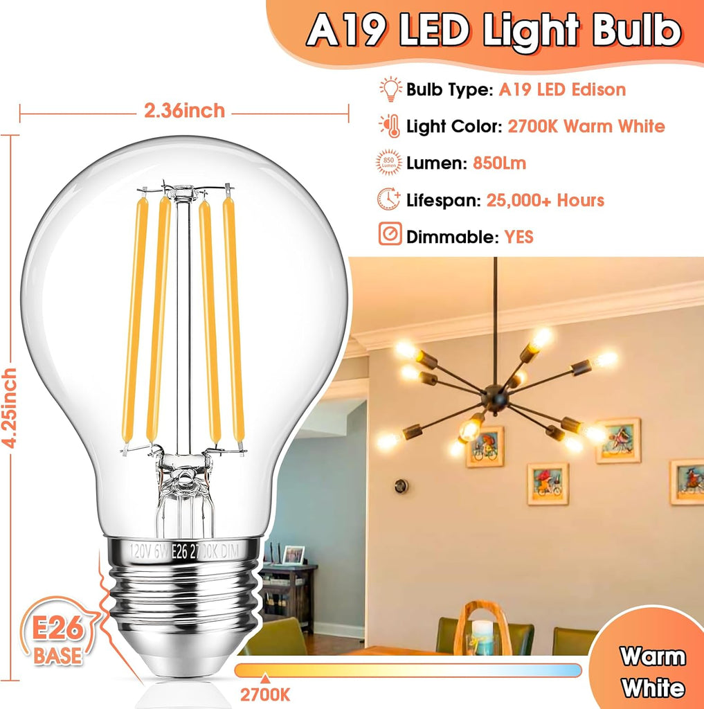60W Equivalent LED Edison Bulb Dimmable 850LM Warm White 2700K