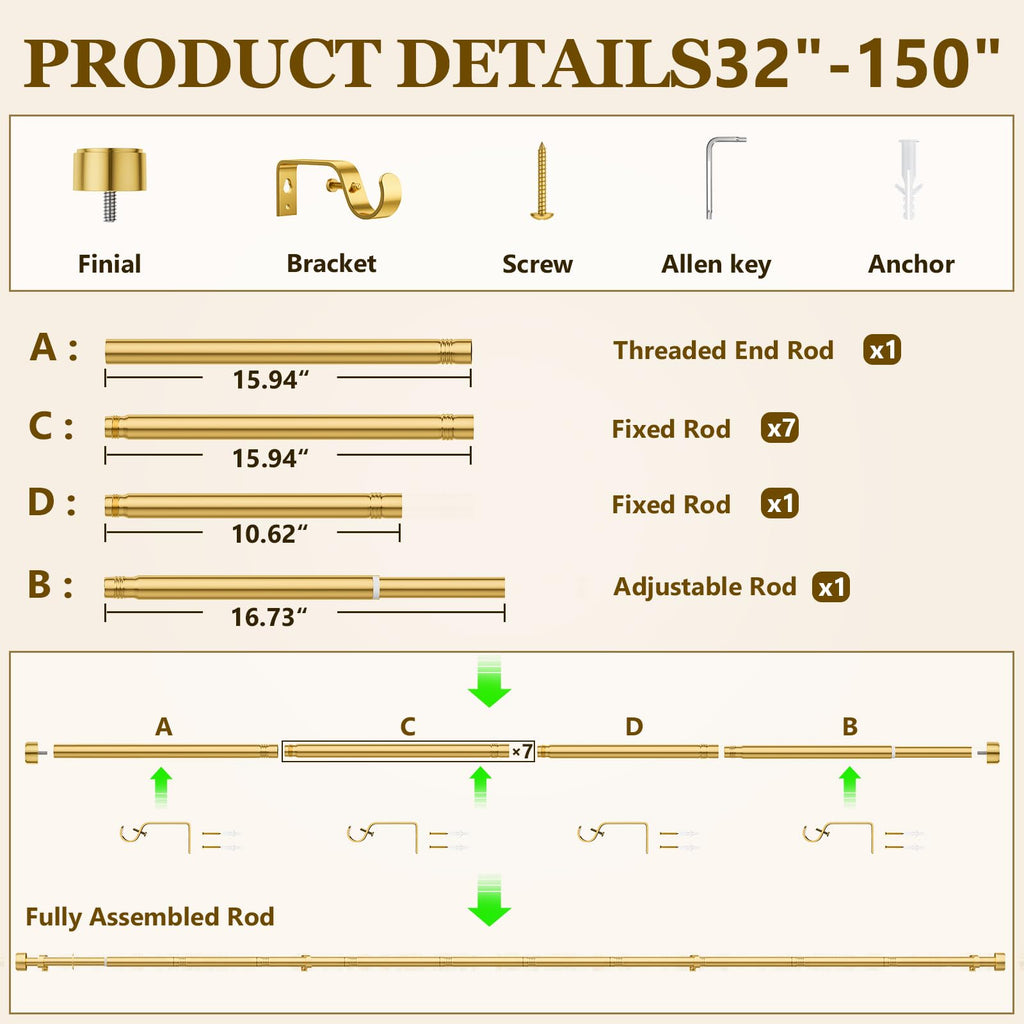 Curtain Rods for Windows 32-144 Inch, 1 Inch Adjustable Gold Curtain Rod Set with Brackets, Easy Install
