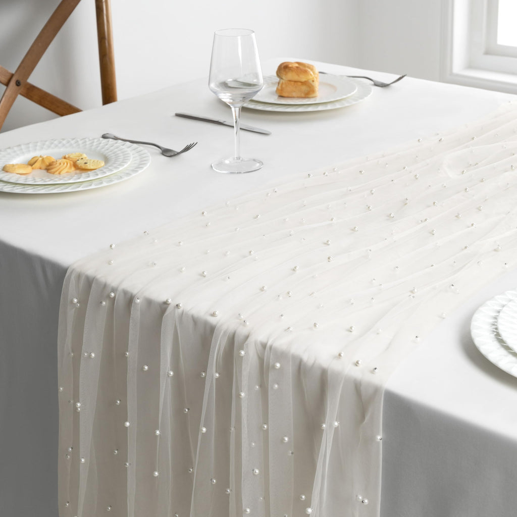 Beige Pearl Tulle Fabric, 5 Yards