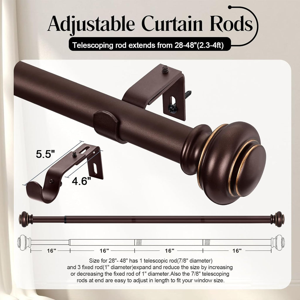 Heavy Duty Curtain Rods for Windows 28 to 48 Inches, Bronze Curtain Rods with Classic Finials