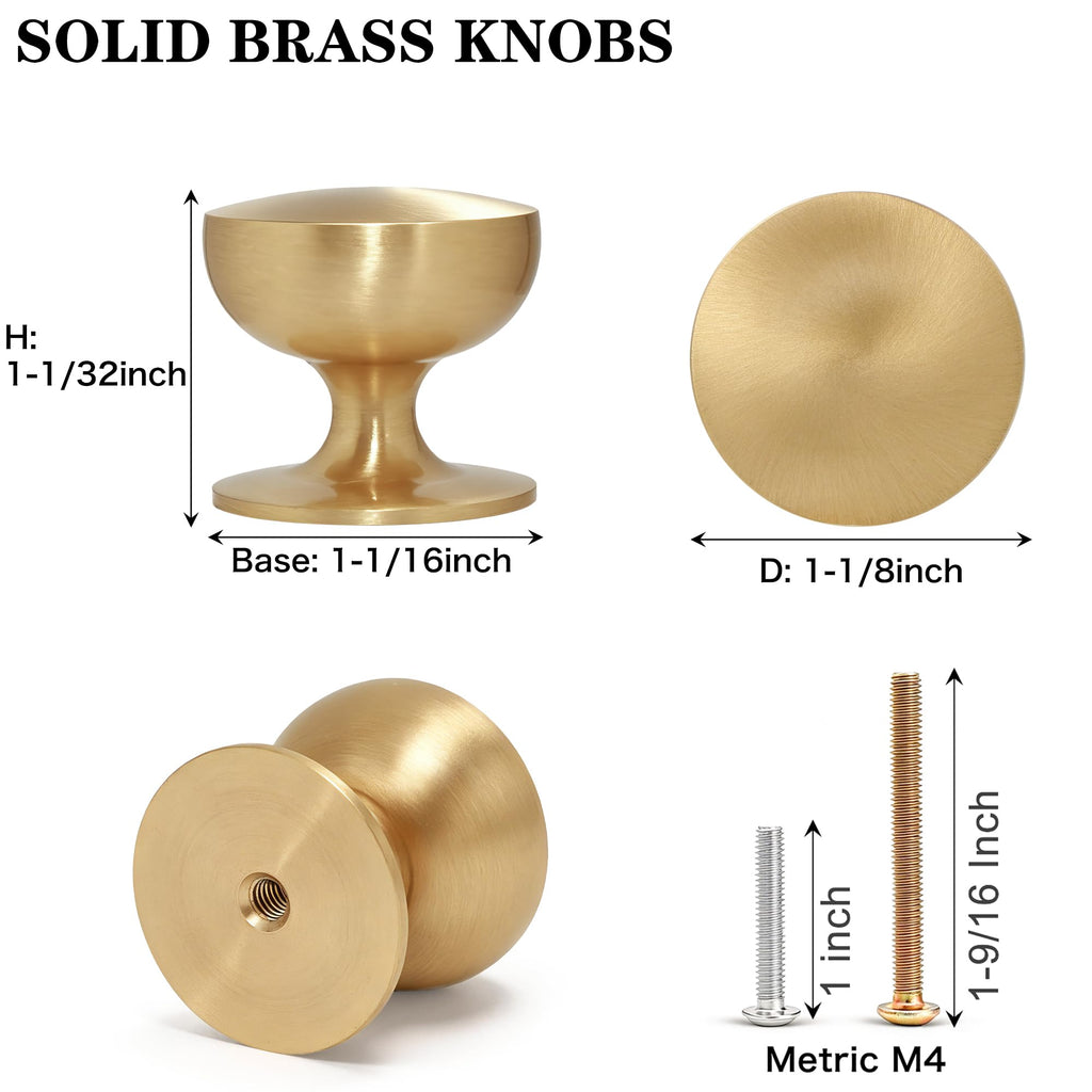 Solid Brass Cabinet Knobs with Wide Base, 1-1/8 Inch Brushed Gold Drawer Knobs, 4 Pack Round Dresser Knobs Cabinets