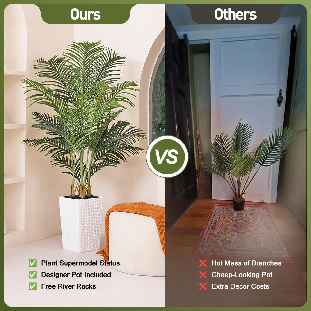 5FT Artificial Palm Tree - Tall Fake Tree with White Taper Planter & Pebbles, UV Resistant for Indoor & Outdoor Decor