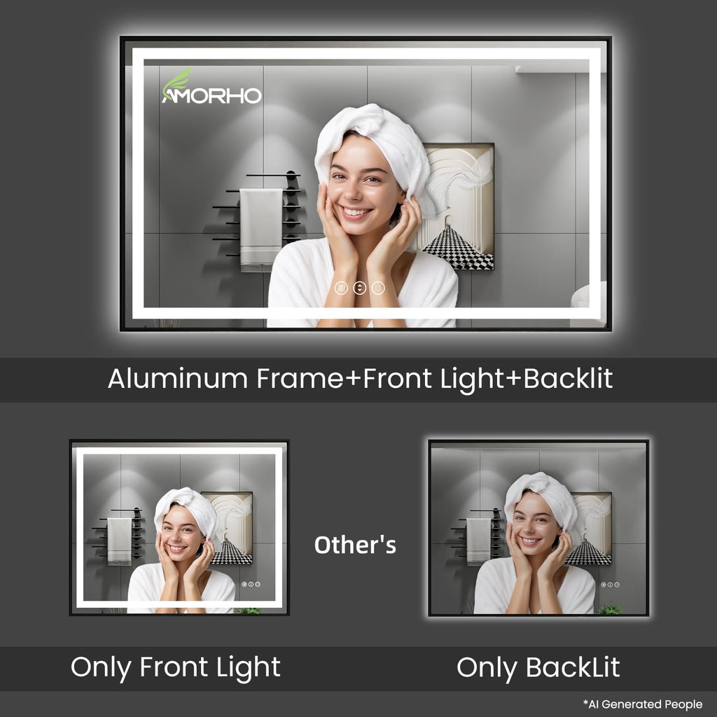 LED Bathroom Mirror, 55"X40" Front Lit and Backlit with Black Frame