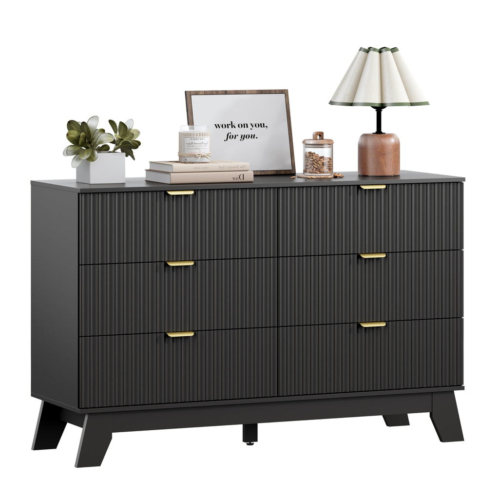 6 Drawer Fluted Dresser, Mid Century Modern Dresser with 6 Drawers, Dressers & Chests of Drawers with Metal Handle