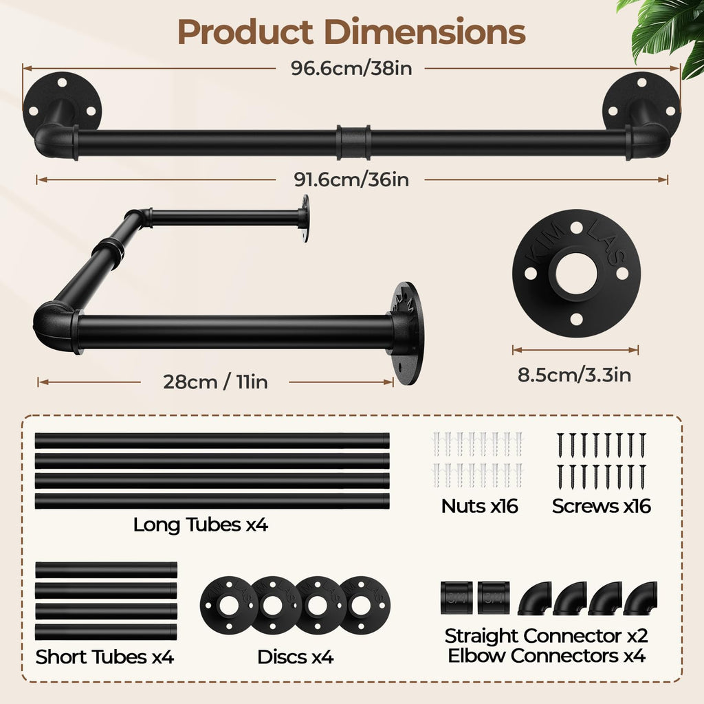 38In Wall Mounted Clothes Rack , 2 Pack Industrial Pipe Clothing Rack