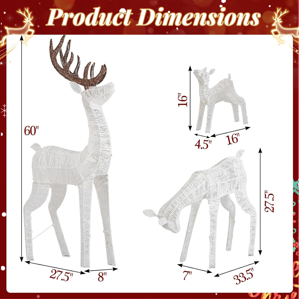 5FT 3D Lighted Outdoor Christmas Deer Family Set, 3- Piece Christmas Reindeers with 280 Warm LED Lights, Yard