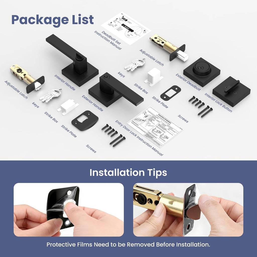 Door Locks for Front Door, Matte Black Exterior Door Handle and Single Cylinder Deadbolt Lock, Heavy Duty Modern