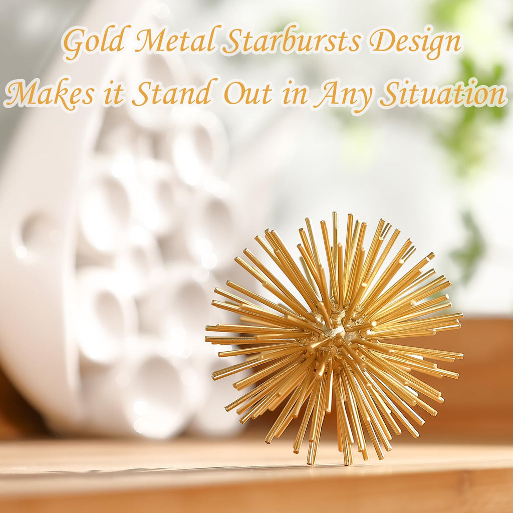 Gold Sphere Decor, Metal Gold Starburst Tabletop Sculpture Decor, Modern Metal Starburst Centerpiece, Spike Ball