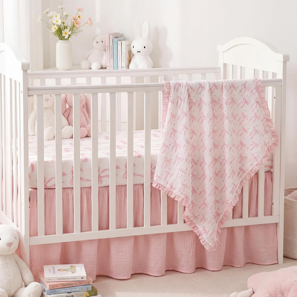 Pink Bow Crib Bedding Set of3 with Sheet Quilt Bed Skirt
