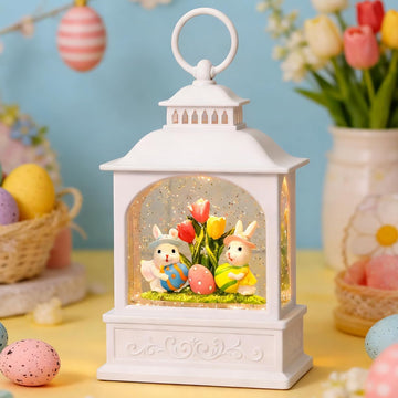 Easter Bunny Snow Globe, Easter Eggs Spring Snow Globe 6H Timer Glitter Lantern Easter Decorations (Bunny Eggs)