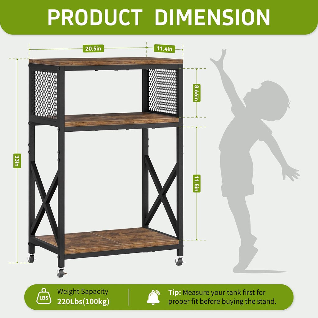 10 Gallon Aquarium Stand, 3-Tier Fish Tank Stand with Wheels, Heavy Duty Metal Frame with Mesh Side Panels