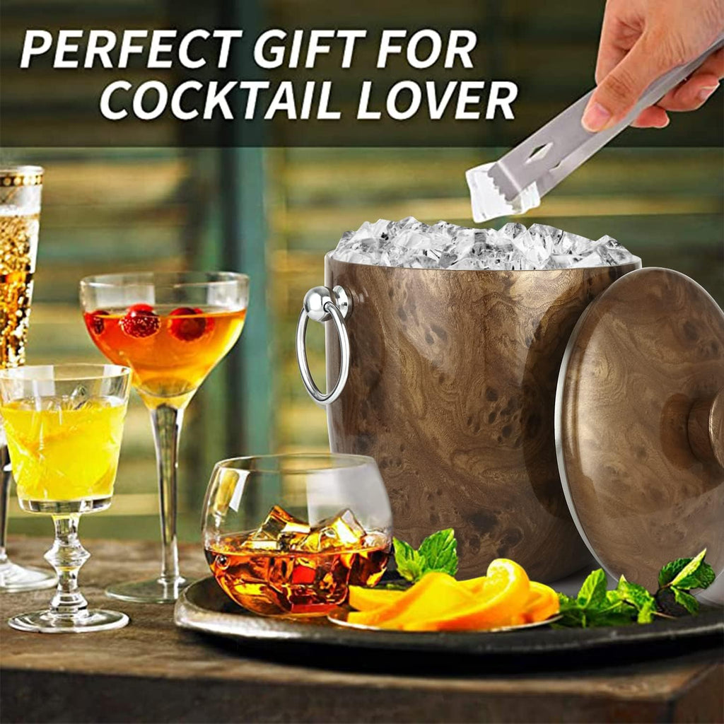 Ice Bucket with Lid, Scoop, Tongs and Strainer - Well Made Insulated Stainless Steel Keep Ice Frozen Longer