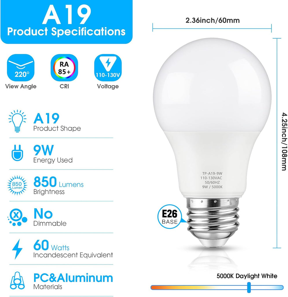 A19 LED Light Bulbs, 60W Equivalent 5000K Daylight White 36-Pack